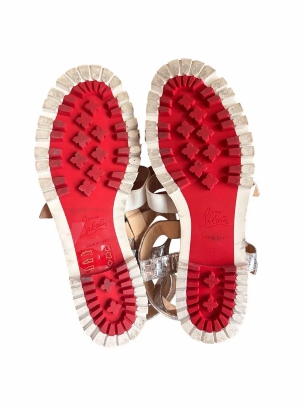 Christian Louboutin Silver & White Gladiator Sandals with Pyramid Studs